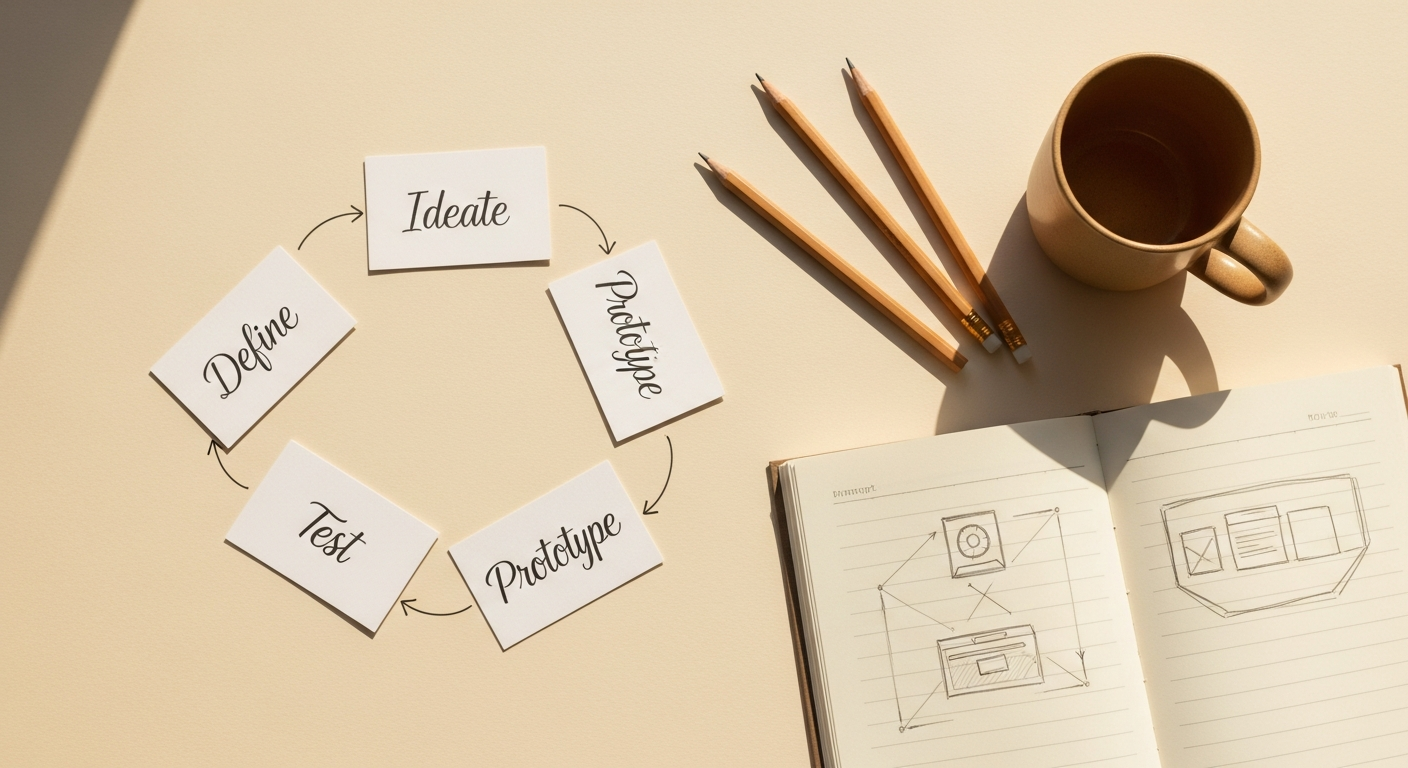 Define → Ideate → Prototype → Test → Redefine — a continuous loop.