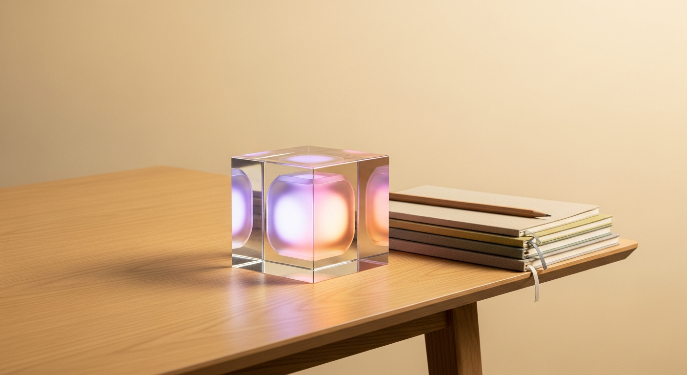 A translucent glass cube with a soft inner glow on a warm wood table, beside a folded stack of linen notebooks — restrained, considered.