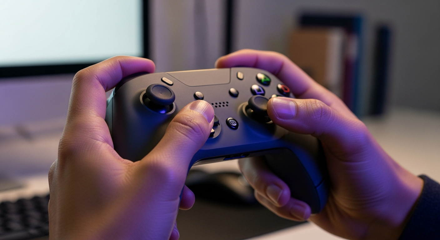 Hands holding a modern game controller in warm ambient light — play as something intentional.